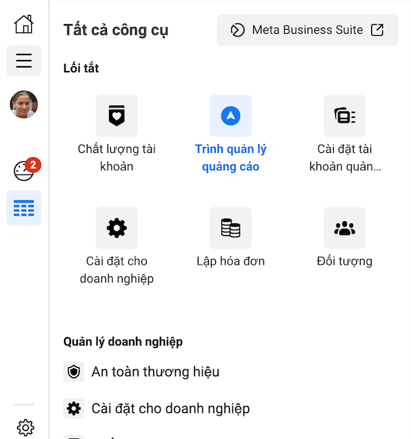 Truy cập trình quản lý quảng cáo trong Ads Facebook.