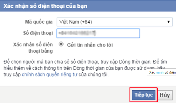 Xác minh tài khoản bằng số điện thoại cá nhân